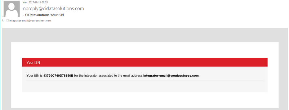 API - Integrator email with ISN